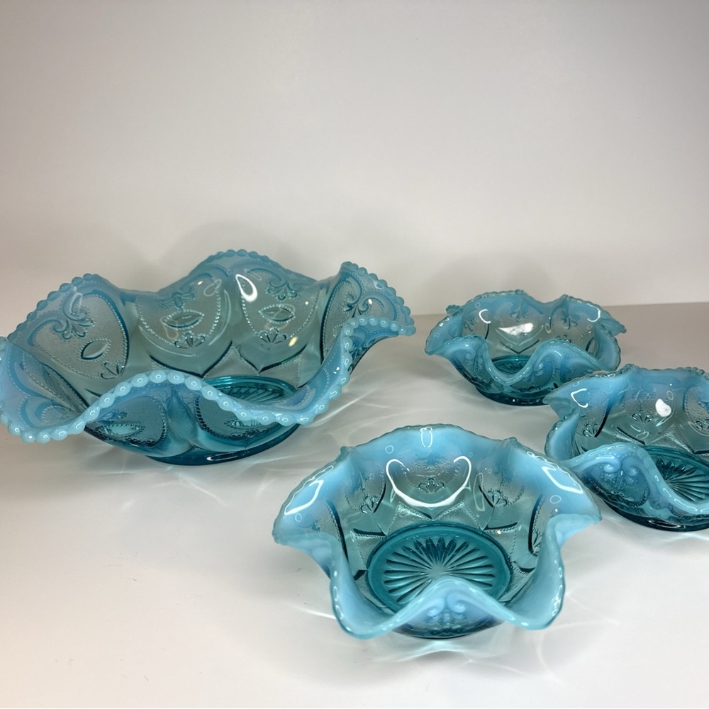 Northwood Jewel Heart Opalescent Ruffled Scalloped Blue Bowls - Picture 6 of 10